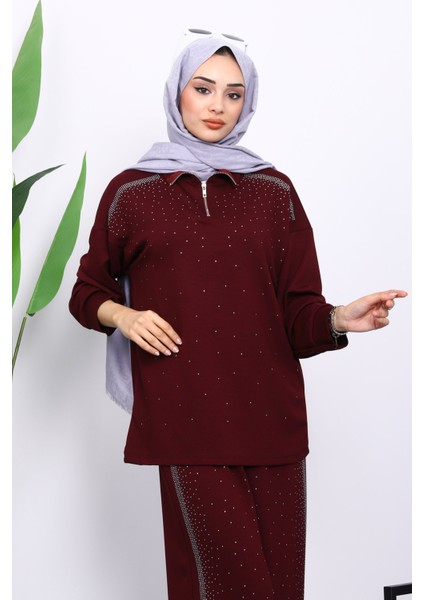 Mürdüm Taşlı Yaka Fermuarlı Tunik Pantolonlu Takım modelleri