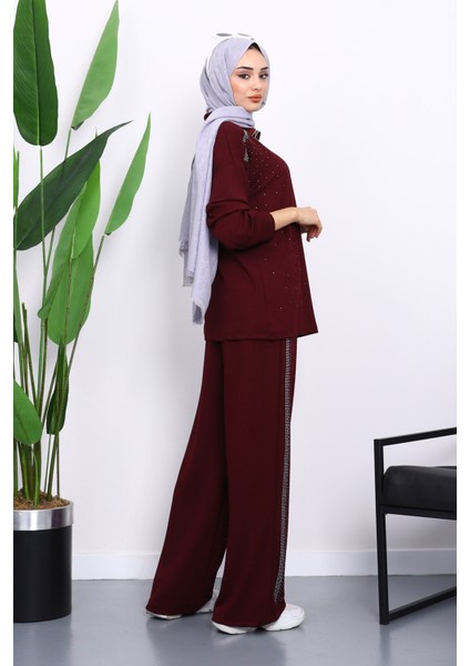 Mürdüm Taşlı Yaka Fermuarlı Tunik Pantolonlu Takım fırsatları