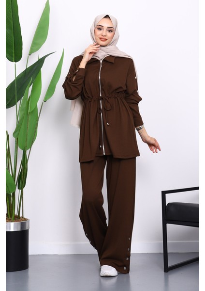 Kahverengi Çıtçıt Detaylı Tunik Pantolonlu Modal Takım
