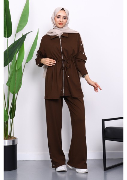 Kahverengi Çıtçıt Detaylı Tunik Pantolonlu Modal Takım fiyatları