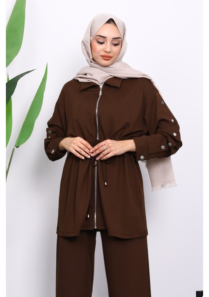 Kahverengi Çıtçıt Detaylı Tunik Pantolonlu Modal Takım modelleri