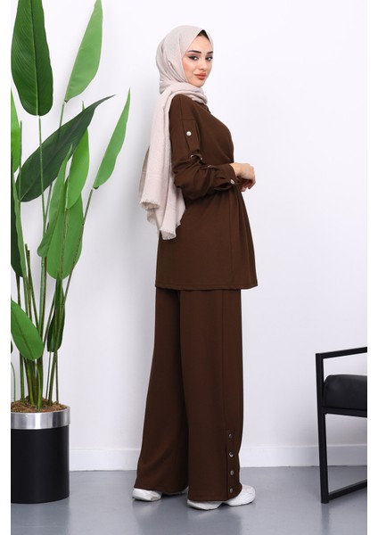 Kahverengi Çıtçıt Detaylı Tunik Pantolonlu Modal Takım fırsatları