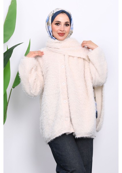 Ekru Atkılı Detaylı Düğmeli Angora Ceket