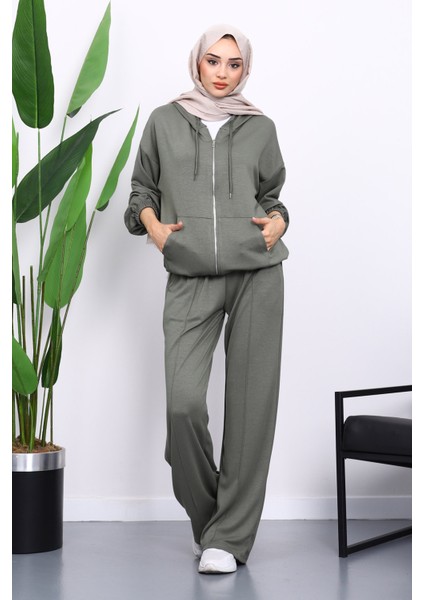 Haki Kapşonlu Fermuarlı Kanguru Cepli Modal Takım