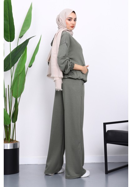 Haki Kapşonlu Fermuarlı Kanguru Cepli Modal Takım modelleri