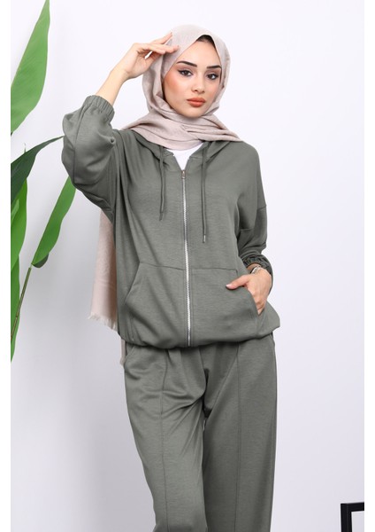 Haki Kapşonlu Fermuarlı Kanguru Cepli Modal Takım fırsatları