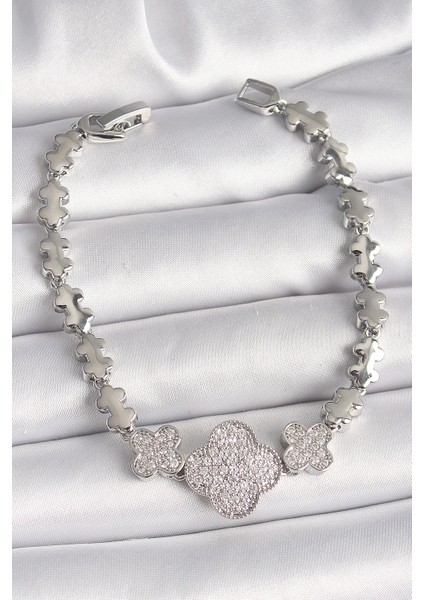 Bfs Pirinç Gümüş Renk Zirkon Taşlı Yonca Model Zincir Model Kadın Bileklik