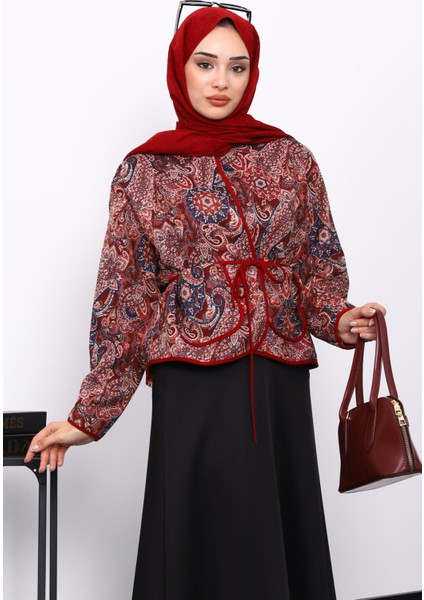 Bordo Etnik Desenli Cepli Ceket
