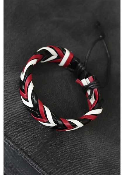 Bfs Bordo Beyaz Siyah Örgü Deri Erkek Bileklik