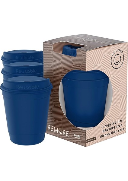 Reusable Cup/tekrar Kullanılabilir Kapaklı Kahve Kupası/taşınabilir Sert Plastik Bardak - 3'lü Lacivert Renk- 300ML / Yıkanabilir/bpa & Bps Içermez