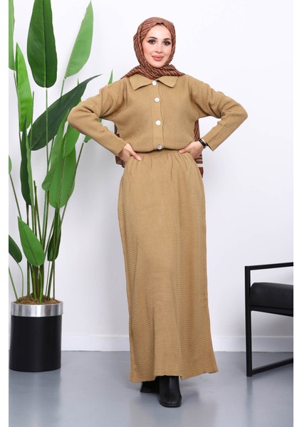 Vizon Gömlek Yaka Düğmeli Triko Etekli Takım