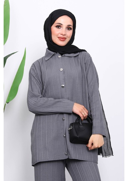 Füme Gömlek Yaka Düğmeli Pantolonlu Triko Takım modelleri