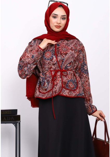 Bordo Etnik Desenli Cepli Ceket modelleri