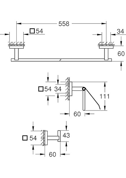 Start Cube Quickfix Üçlü Banyo Aksesuar Seti | Uzun Havluluk (558MM), Tuvalet Kağıtlığı(Kapaklı), Bornoz Askısı | Duş / Banyo Aksesuarları | Krom | 41124000 fiyatları