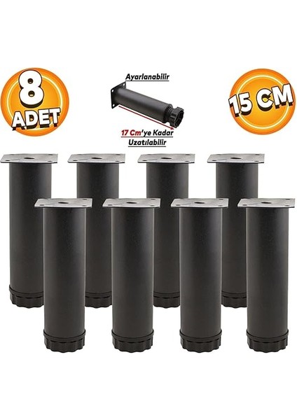 8 Adet Mobilya Kanepe Baza Koltuk Metal Destek Ayağı Ayarlanabilir 15 cm Siyah Metal Yükseltici Ayak fiyatları