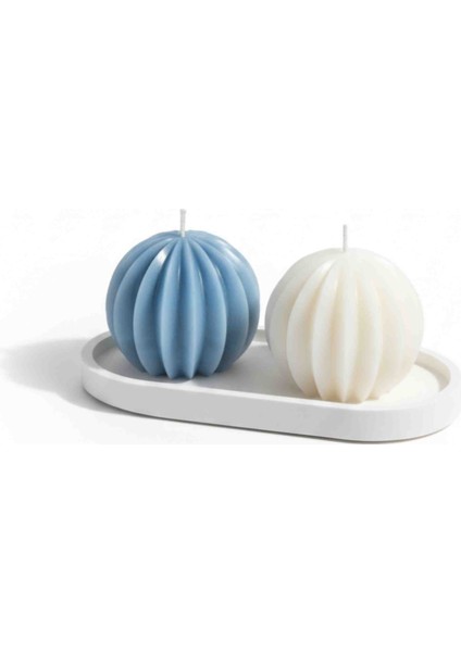 El Yapımı Kokulu Dekoratif Çizgili Mum Seti – 2’li Modern Tasarım (Mavi & Beyaz)