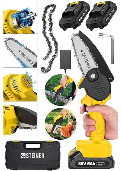 Alman 88 V 5 Ah Akülü Dal Kesme Budama Testere Bıçkı Makinesi Çift Akülü Çantalı 10 cm Pala Zincir - ST0518R215400347