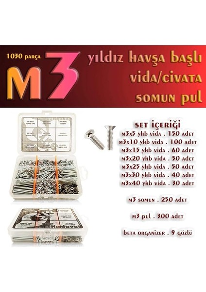 Parça M3 Yıldız Havşa Başlı Vida Civata Somun Pul Seti