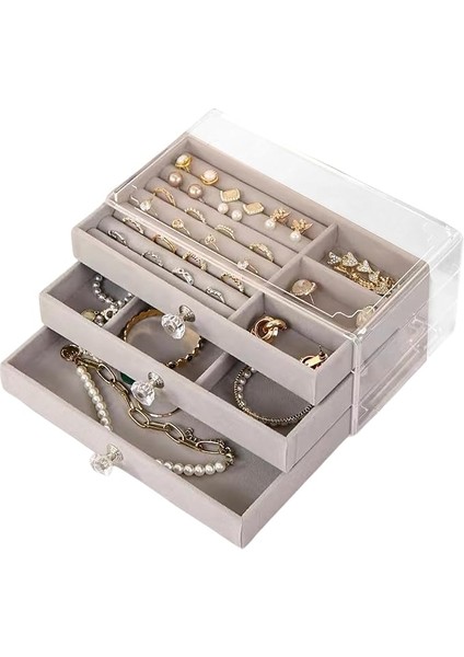 Kutusu, Büyük, 3 Katlı Takı Kutusu, Şeffaf Görsel Takı Düzenleyici, Yüzükler, Kolyeler, Küpeler, Bileklikler Için Takı Saklama, 23,5 x 13,5 x 11 Cm, Gri