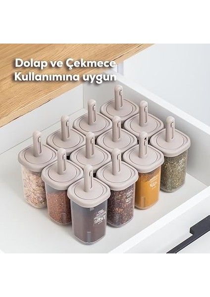 1100 Kaydırmalı Kaşıklı Sızdırmaz Kapaklı Etiketli 12'li Baharatlık Seti Saklama Kabı Şeffaf Cappuccino fırsatları