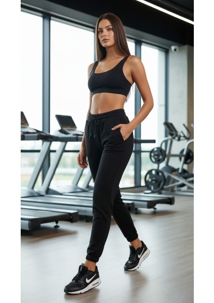 Kadın Siyah 2 Iplik Pamuklu Dar Paça Eşofman Altı - Esnek Fit Kesim Jogger