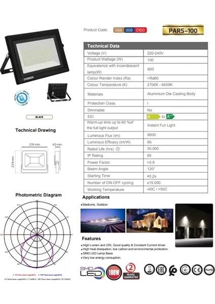 Elektrik PARS-100 100 Watt 6400K Beyaz Işık Smd LED Projektör 100W fiyatları