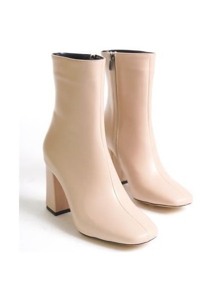 Kadın TLL Bej Cilt Kalın Topuk Bot