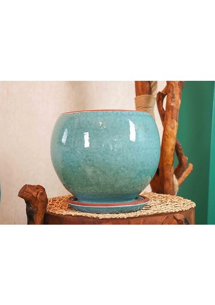 Tasarımı Ev Dekorasyon Turkuaz Artistik Çift Sırlı Iç ve Dış Mekan Kullanımlı Tabaklı Toprak Terrakota Saksı Saksılık Salon Çiçeklik