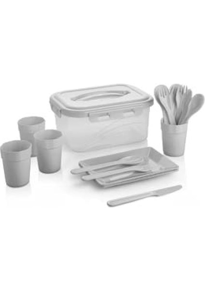 Parça Piknik Seti, 4 Kişilik, Tabak, Bardak, Çatal Kaşık Bıçak Takımı ve Saklama Kabı (Antrasit)