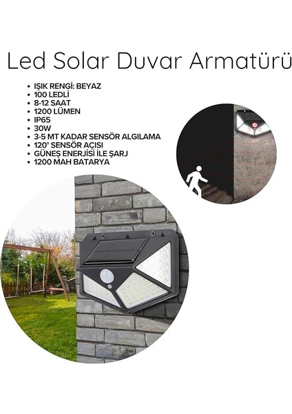 Solar Hareket Sensörlü Dış Ortam Bahçe Aydınlatması, Güneş Enerjili, Su Geçirmez, 100 Ledli, Beyaz Işık, (2 Adet) fiyatları