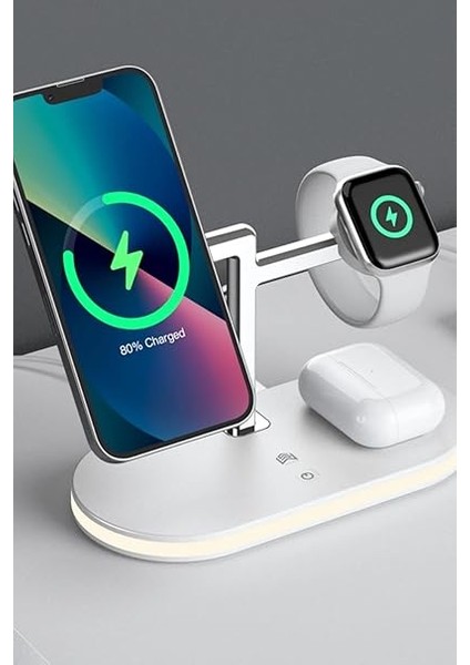 1 Arada 15W Kablosuz Hızlı Şarj Standı Gece Aydınlatmalı iPhone ile Uyumlu-Watch ile Uyumlu-Airpods ile Uyumlu (Yeni Beyaz Hızlı Şarj) fiyatları