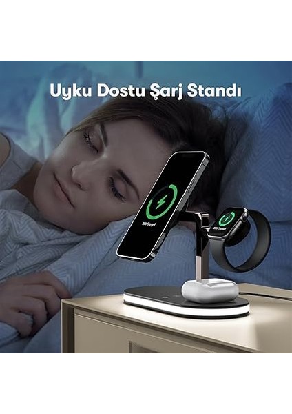 1 Arada 15W Kablosuz Hızlı Şarj Standı Gece Aydınlatmalı iPhone ile Uyumlu-Watch ile Uyumlu-Airpods ile Uyumlu (Yeni Beyaz Hızlı Şarj) modelleri