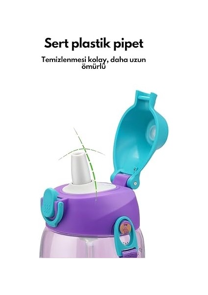 Büyük Boy 700ML Kılıflı Askılı Pipetli/pipetsiz Iki Ayrı Kapaklı Tritan Çocuk Matarası (Studies Rabbit (Pudra Pembe-Yeşil)) modelleri