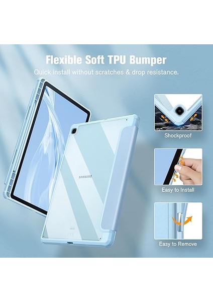 Samsung Galaxy Tab S6 Lite 10.4 2022/2020 SM-P610/P613/P615/P619 Için Hibrit Kılıf - Şeffaf Sert Kapaklı Koruyucu Kılıf ve Kalem Tutuculu Darbeye Dayanıklı Kapak, Gök Mavisi modelleri