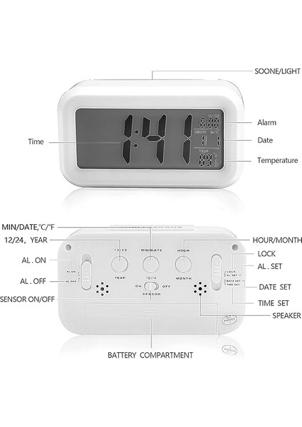 Dijital Çalar Saat Büyük LED Ekranlı Başucu Saati 12/24 Erteleme Gece Lambası, Tarih Takvimli Yatak Odası Ev Ofis Için (Beyaz) fiyatları