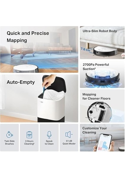 Tp-Link RV20 Mop Plus, Magslim Lidar Navigasyonlu Robot Süpürge ve Paspas+ Akıllı Otomatik Boşaltma Istasyonu, 2700PA Güçlü Emiş, 3 Saat Kesintisiz Temizlik indirimleri