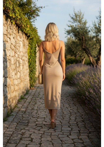 Kadın İp Askılı Çift Yırtmaç Detaylı Modal Kumaş Elbise fiyatları