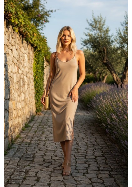 Kadın İp Askılı Çift Yırtmaç Detaylı Modal Kumaş Elbise