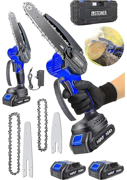 Alman 148 Vf 10 AH%100 Kömürsüz Motor Akülü Dal Kesme Budama Testere Bıçkı Makinesi 15 cm Mavi