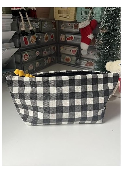 Büyük Pötikareli Yıkanabilir Fermuarlı Tek Gözlü Bez Kalemlik Kalem Kutusu Cüzdan Makyaj Çantası Bez Kalem Kesesi (Siyah) modelleri