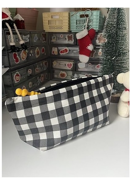 Büyük Pötikareli Yıkanabilir Fermuarlı Tek Gözlü Bez Kalemlik Kalem Kutusu Cüzdan Makyaj Çantası Bez Kalem Kesesi (Siyah) indirimleri