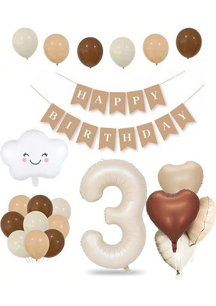 Kalp Doğum Günü Seti; Krem Rakam Folyo, Banner, Kalp Folyo ve Lateks Balon (3)