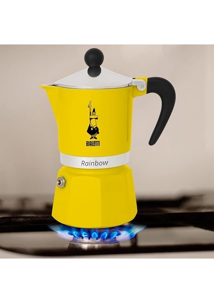- Rainbow: 3 Cups Ocak Üstü Espresso Pişirici - 130ML - Sarı Renk - Alüminyum Gövde - Patentli Güvenlik Valfi - Tüm Ocak Türleri Için Uygundur (Indüksiyon Hariç) modelleri