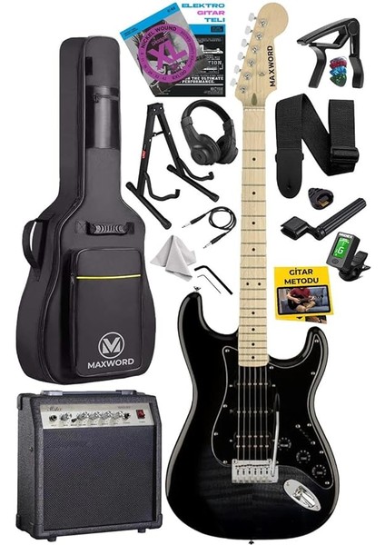 MAP-45BK-30AMP 30W Bt Amfili Siyah Elektro Gitar Seti Hss Manyetik Maple Klavye Strat Kasa