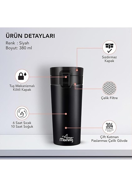 Morning 380 ml Paslanmaz Çelik Termos Mug, Tuş Kilitli, Sızdırmaz, Çift Katmanlı, Siyah BA21522 indirimleri