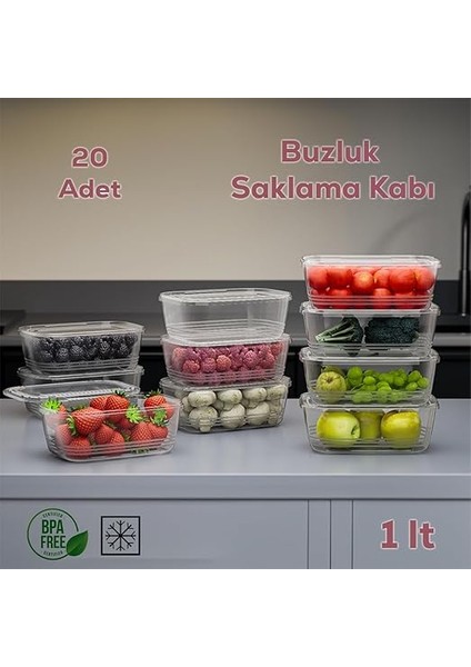 1072 20'li Buzluk Düzenleyici Saklama Kabı Kendinden Kapaklı Derin Dondurucu Saklama Kabı 1lt Şeffaf fiyatları