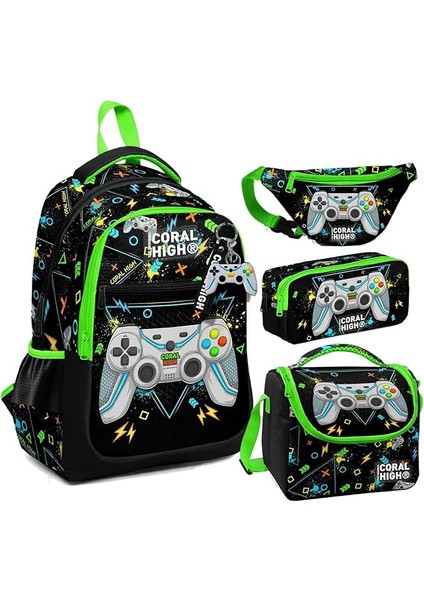 High Siyah Fosforlu Yeşil Gamer Desenli Erkek Çocuk Okul Beslenme Kalemlik ve Bel Çantası Seti - Ilkokul Için Uygun