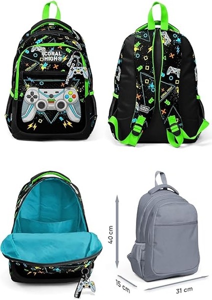 High Siyah Fosforlu Yeşil Gamer Desenli Erkek Çocuk Okul Beslenme Kalemlik ve Bel Çantası Seti - Ilkokul Için Uygun fiyatları