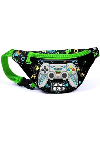 High Siyah Fosforlu Yeşil Gamer Desenli Erkek Çocuk Okul Beslenme Kalemlik ve Bel Çantası Seti - Ilkokul Için Uygun indirimleri