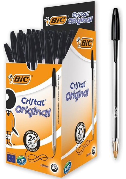 Cristal Medium Tükenmez Kalem Siyah 50'li Kutu, 1.0 mm Orta Kalınlıkta Uç, Şeffaf Gövde, Delikli Kapak